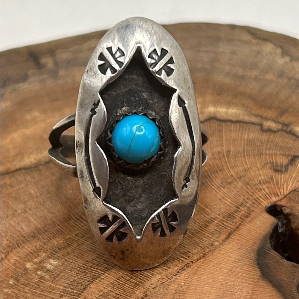 Vintage Native American Shadowbox Silver Turquoise Ring Sz 6 1/2 Southwestern